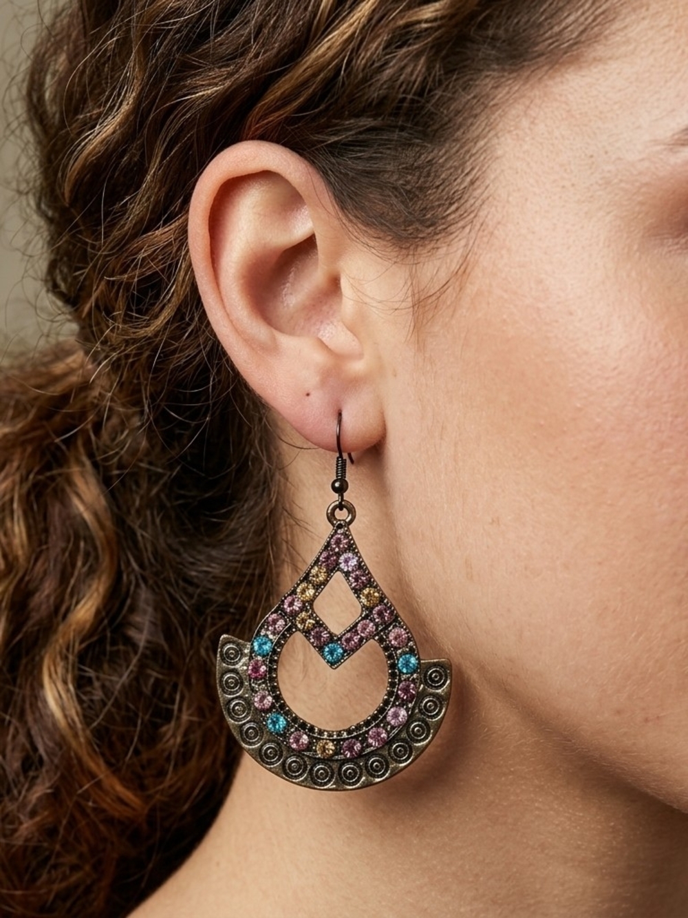 Vintage Boho Copper Rhinestone Teardrop Dangle Earrings 2.5”